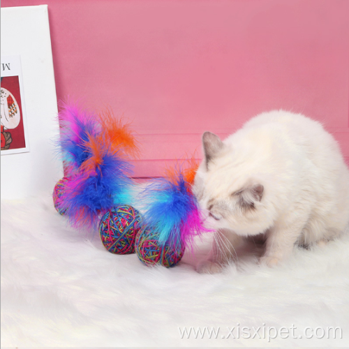 colorful woolen ball with feather smart cat toy